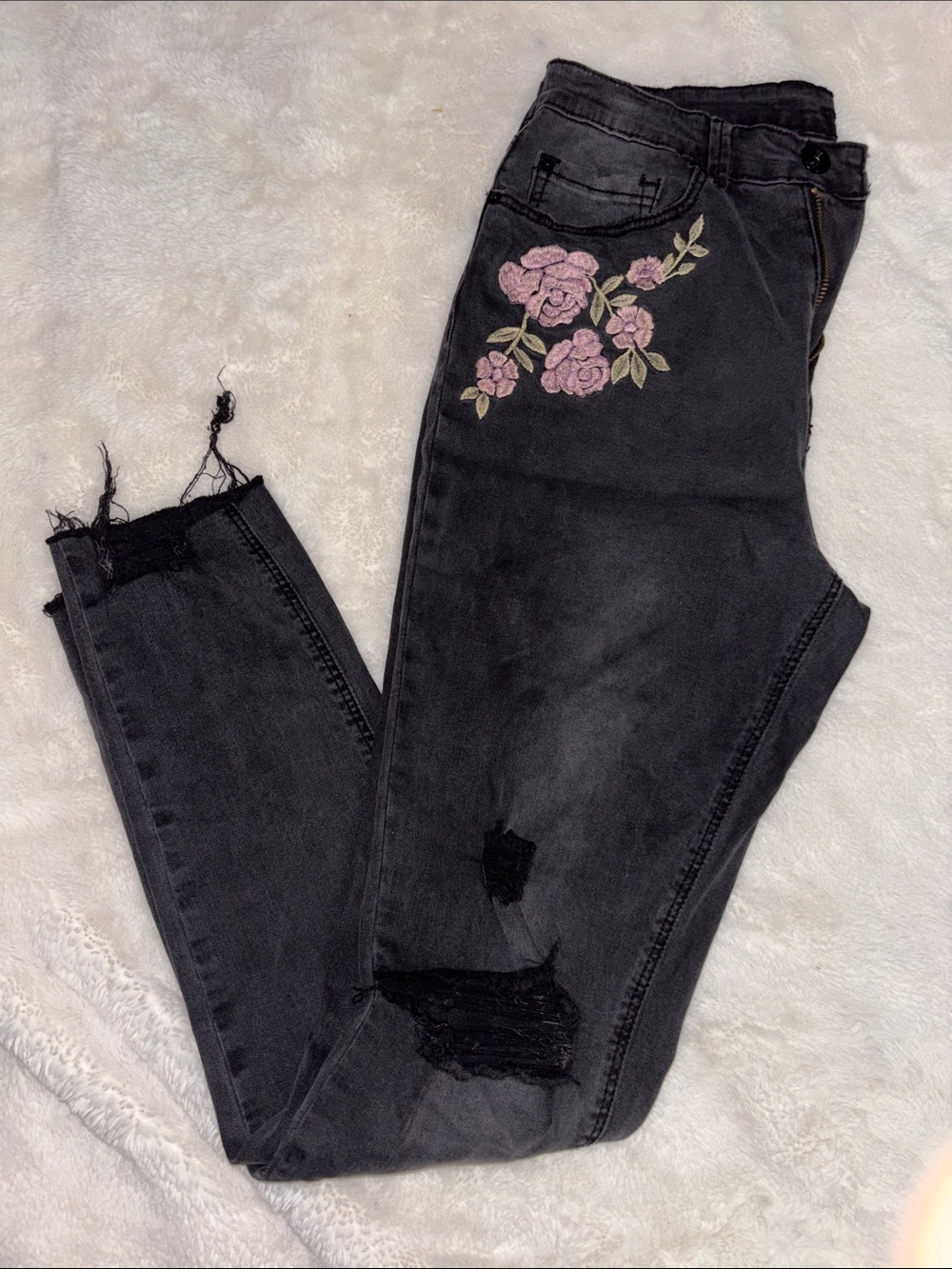 Black Women's Jeans with Pink Floral Embroidery